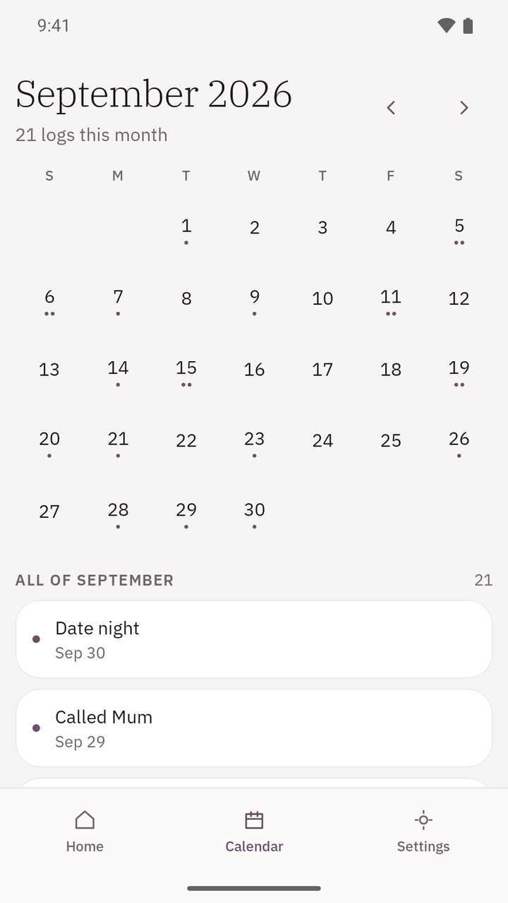 Whenzo calendar for September 2026, 21 logs this month: a grid with dots under 16 of the 30 days, some with two, and a list headed All of September, 21, starting with Date night on Sep 30 and Called Mum on Sep 29