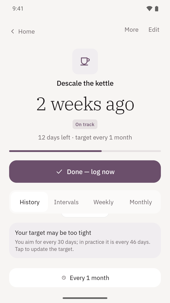 Tracker detail for Descale the kettle: 2 weeks ago, On track, 12 days left of a target every 1 month, a Done, log now button, the History tab selected, and a note headed Your target may be too tight: you aim for every 30 days; in practice it is every 46 days, tap to update the target