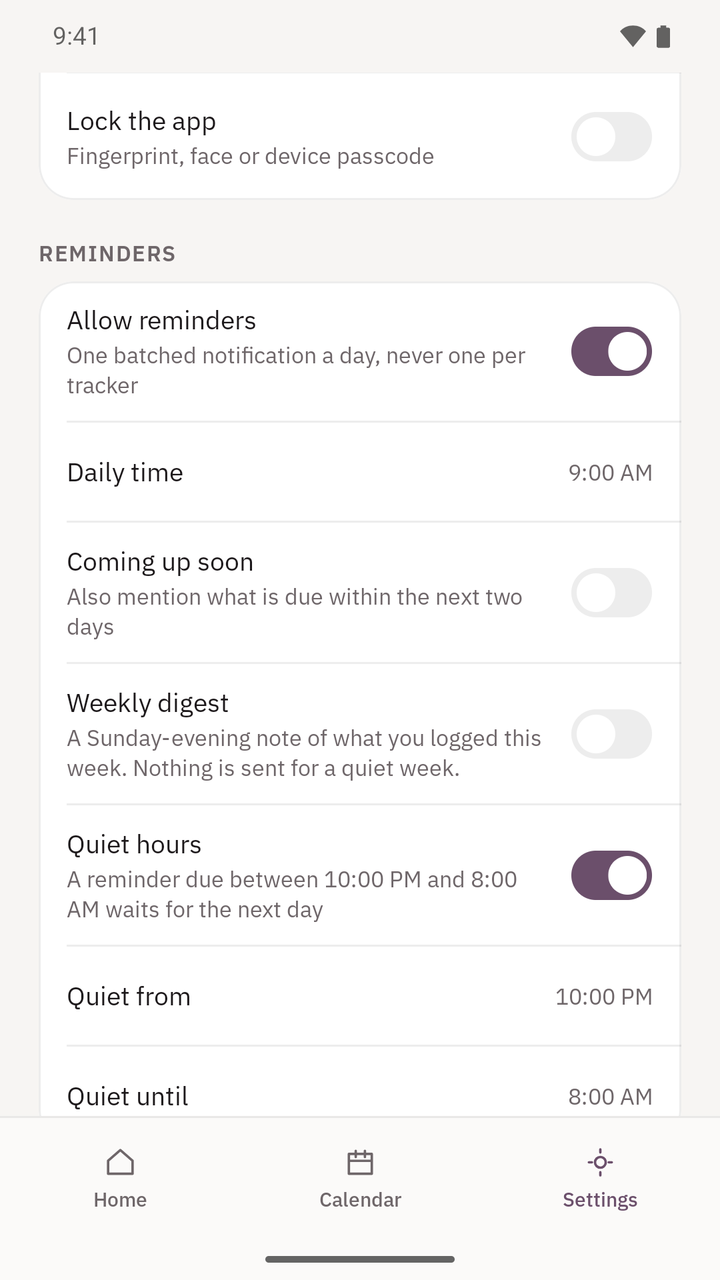 Whenzo settings, Reminders section: Allow reminders on, one batched notification a day, never one per tracker; Daily time 9:00 AM; Coming up soon off; Weekly digest off; Quiet hours on, a reminder due between 10:00 PM and 8:00 AM waits for the next day